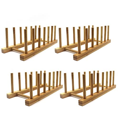 Image of INNERNEED Bamboo Wooden Plate Racks Dish Stand Holder Kitchen Storage Cabinet Organizer for Dish/Plate/Bowl/Cup/Pot Lid/Cutting Board (Pack of 4)