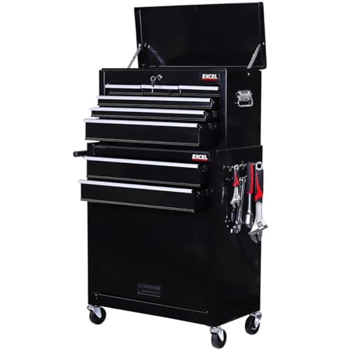 Image of Excel 8-Drawer Metal Tool Chest Cabinet - Rolling Toolbox with Wheels, Handle, Pegboard, Hooks, Lockable Design - Heavy-Duty Steel Construction