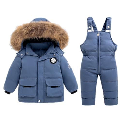 Image of BRONG Toddler Snow Suit Winter Baby Two Piece Puffer Down Jacket Coat with Snow Bib Pants Boys Girls Ski Suit Clothing Blue 4-5 Years
