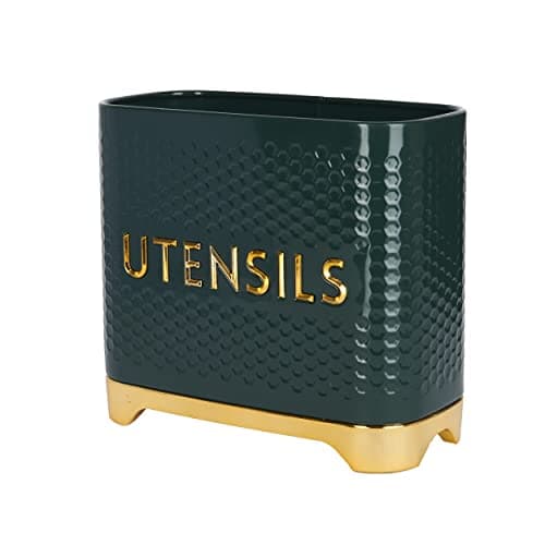 Image of KitchenCraft Lovello Textured Kitchen Utensil Holder, 19 x 9 x 18cm – Hunter Green & Gold