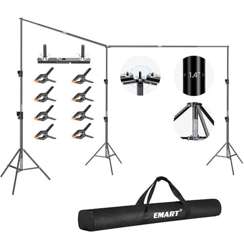 Image of EMART 10x20ft (3x6m) Backdrop Stand, Adjustable Photography Backdrop Stand with 300° Angle Rotatable Connector & 8 Spring Clamps Heavy Duty Background Support Kit for Parties, Weddings, Photo Studio