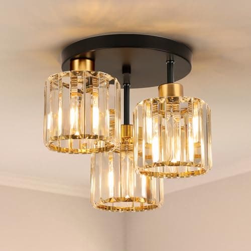 Image of FORCOSO Ceiling Light 3 Lights, Black and Gold Light Shade Crystal Light Fitting, Semi Flush Modern Chandelier Lampshade, E27 Lighting Fixture for Living Room Bedroom Hallway Kitchen Dining Room