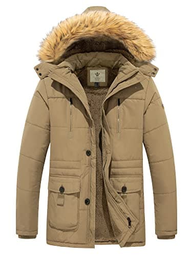 Image of WenVen Men's Thickened Long Sleeve Jacket Warm Cotton Quilted Coat Insulated Fleece Lining Jackets Hooded Windproof Coat Khaki S