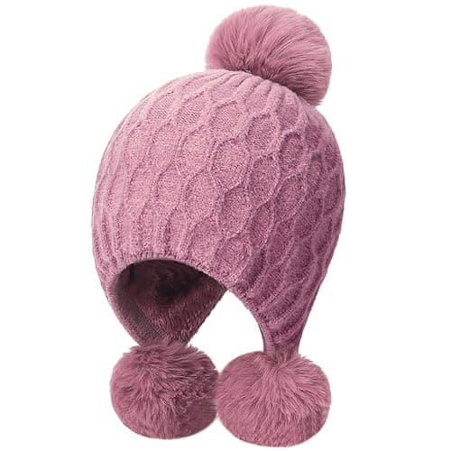 Image of AWAVM Women Knitted Hat Winter Warm Beanie Hat with Pom Pom Bobble Hat Style with Windproof Ear Flaps (UK, Alpha, One Size, Pink)