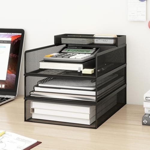 Image of PUNCIA 3-Tier Lengthways Desk Organiser Stackble Metal Mesh Paper Tray A4 Letter File Sorter Desktop Document Magazine Holder Storage Rack for Home Office Study School Black