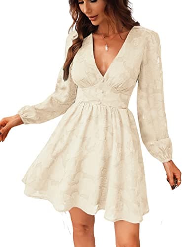 Image of CUPSHE Women's Lace Mini Dress Long Sleeve Floral Print A Line Dress for Party Bodycon Dress Ivory A M
