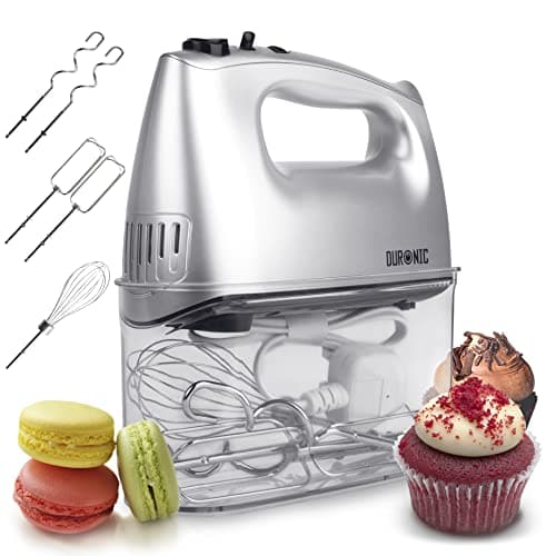Image of Duronic HM4 SR Hand Mixer 400W Electric Whisk Handheld Kitchen Food Mixers for Baking Dough Cream Egg Beaters with 5 Speeds Turbo Cake Whisks with 2 Beaters 2 Dough Hooks 1 Whisk - Silver Renewed
