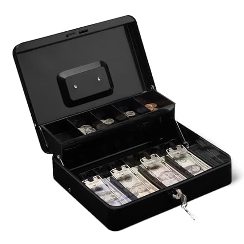 Image of Amazon Basics Cash Box with Lock Key and Money Organizer Tray, 9 H x 30 W x 24 D cm, Black