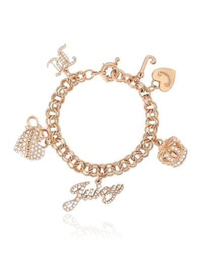 Image of Juicy Couture Bracelet 7-7.5", Goldtone Charm Bracelets for Women with 6 Different Charms Featuring Clear Stones, 7.5, Metal, crystal