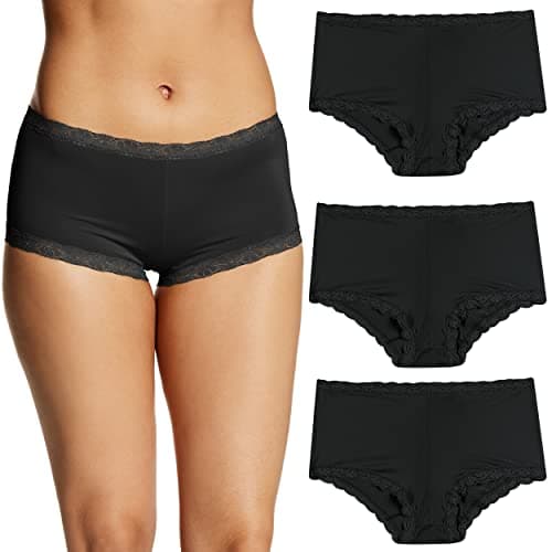 Image of Maidenform Women's Underwear, Microfiber with Lace Boyshort Panties, One Fab Fit, 3-Pack Boy Short, Black/Black/Black, S (Pack of 3)
