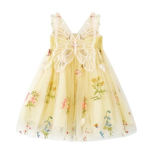 Image of Miipat Baby Girl Dress Tulle Butterfly Toddler Girls Sleeveless Embroidery Floral Princess Dresses Wedding Party Birthday Dress for Girl Yellow 90 18-24 Months