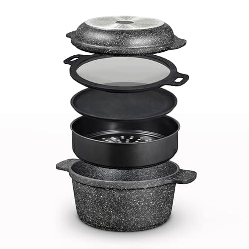 Image of Tower Precision Multi-Functional Casserole Set with Steamer Insert, Lightweight Cast Aluminium, 24cm, Black, T900190
