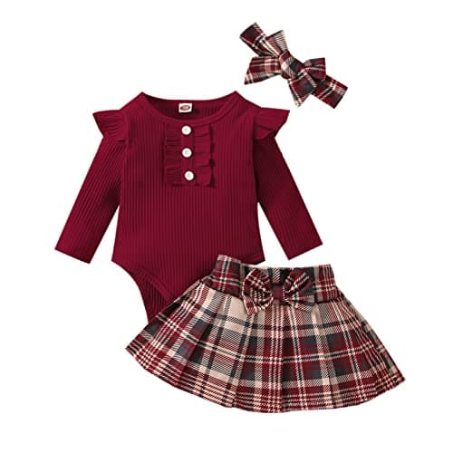 Image of WWAYBEI Baby Girl Fall Winter Clothes 0 3 6 9 12 18 Months Ribbed Long Sleeve Ruffle Romper Plaid Pleated Skirt Headband 3Pcs Christmas Outfit Set (Wine Red, 3-6 Months)