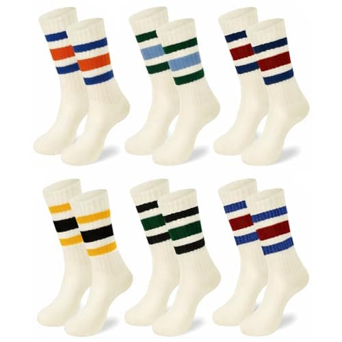 Image of 6 Pairs Crew Sport Socks Women Men Striped Unisex Athletic Socks,Breathable Sport Casual Sock for Ladies Girls,Retro Cotton Double Colorful Stripes Sock for Gym Leisure Running Workouts,Size 4-7.5