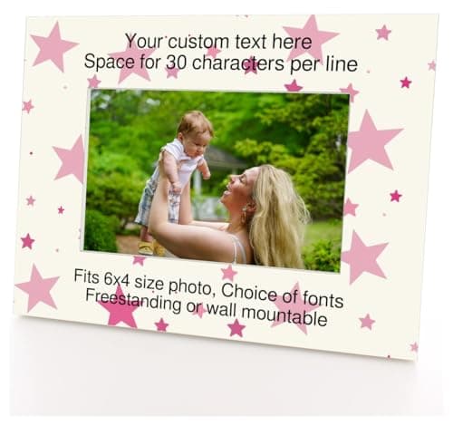 Image of Personalised Pink Stars Pattern 6x4" Wooden Landscape Photo Frame Birthday New Born Christening Gift