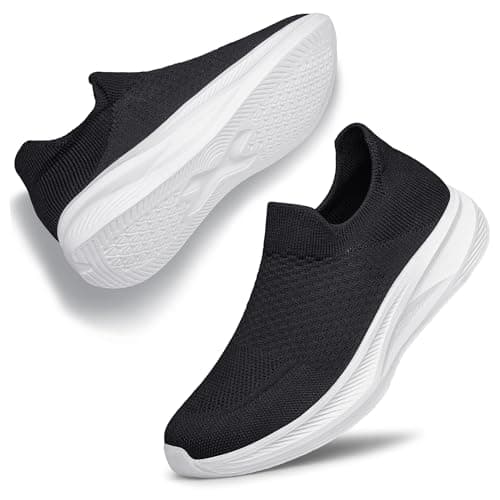 Image of Raoendis Women Slip on Trainers Ladies Running Shoes Sport Walking Sneakers, Lightweight Comfortable Breathable Mesh Shoes Fashion Outdoor Black White Size 6