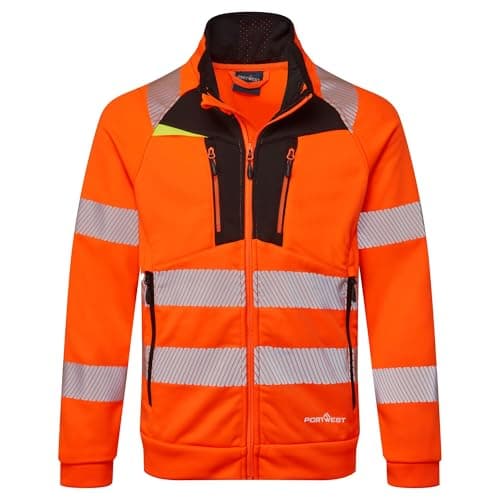 Image of Portwest DX484 DX4 Hi Vis Zip Hoodie Bonded Fleece Full Zip Segmented Reflective Tape Adjustable Hood Four Secure Pockets UPF 40 Certified Visibility After 25 Washes Rail Compliant, Orange/Black, 5XL