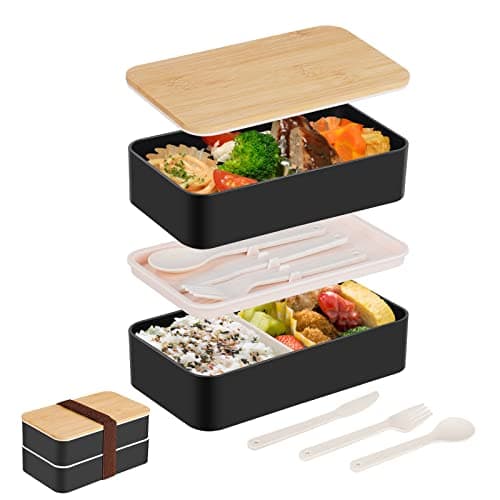 Image of Chuboir Bento Lunch Box, 1200ml Japanese Style Lunchbox with Compartments and Cutlery Set, 2 Tiers Lunch Container with Bamboo Lid for Children Adult Work School, Microwaveable Safe, Black