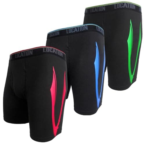 Image of Mens Location Boxers 3 Pack Sports Longer Leg Trunks Boxer Shorts Adults Stretch Underwear Blue Green Red Pattern (Challenger 2, 3XL)