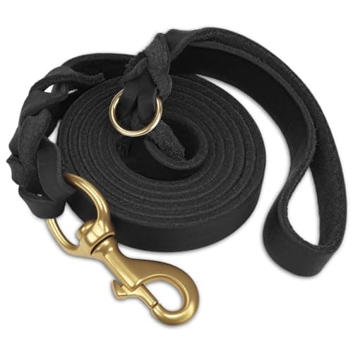 Image of Joytale Leather Dog Lead, Genuine Cowhide with Brass Hook, Heavy Duty Leather Leads for Large Medium Dogs（Black, 150cm×2cm）