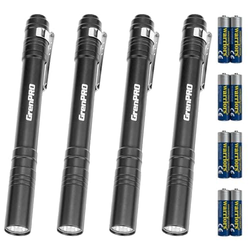 Image of GRENPRO Pen Lights for Nurses Medical, 4 Pack LED Penlight with 8 AAA Batteries Include, Aluminum Pocket Flashlight Ultra Bright, Small Flashlight with Pocket Clip for Exams, Emergency, Gifts, Black