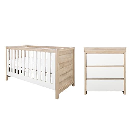 Image of Tutti Bambini Modena Nursery Furniture Set (2 Piece) | Convertible Baby Cot Bed and Chest of Drawers Changer | Solid Wood Furniture (Oak & White)