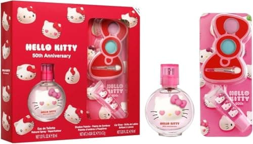 Image of Hello Kitty Natural Kids Perfume & Makeup Gift Set – Eau de Toilette Spray 30ml, Lip Gloss & Eyeshadow Palette with Brush | Vegan & Dermatologically Tested | Safe Beauty Gift Set for Girls Aged 3+