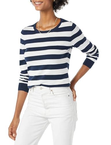 Image of Amazon Essentials Women's Long-Sleeve Lightweight Crewneck Jumper (Available in Plus Size), Navy White Rugby Stripe, M