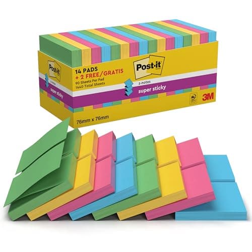 Image of Post-it Super Sticky Z-Notes, 1440 Sheets, Value Pack of 14 + 2 Free Pads, 76 mm x 76 mm - Holds Strong to Many Surfaces - Bright Colours - Recycable