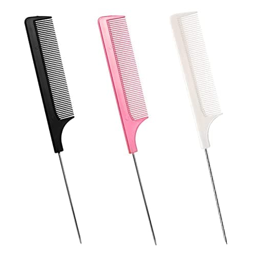 Image of TCPENG 3-in-1 Rat Tail Comb Set - Anti Static, Heat Resistant, Fine Tooth Barber Comb with Stainless Steel Handle - Pink, White, Black