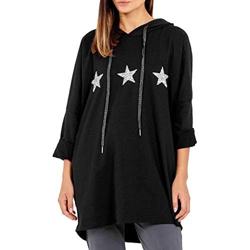 Image of Xpose Ladies Casual Baggy Oversized Gem Embellished Star Detail Hooded Pocket Sweatshirt Top Jumper Black Charcoal Dusty Pink Khaki Mocha Navy Medium - XX-Large UK Size 12-20 (BLACK, M/L (12/14))