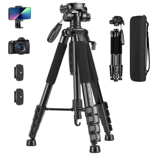 Image of JOILCAN 74"/188cm Camera Tripod, Aluminum Outdoor Lightweight Camera Tripod Stand for DSLR/Canon/Nikon/Video Photography, Compact Travel Tripods with Phone Holder & Carry Bag, Up to 14LB, Black