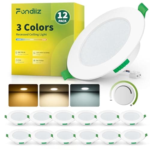 Image of Fondiiz 12 Pack LED Downlights for Ceiling Dimmable, 6W Recessed Ceiling Lights, Warm White 2700K Natural White 4000K Cool White 6000K Adjustable, 75-90mm Cut Out, IP44 LED Spot Lights for Bathroom