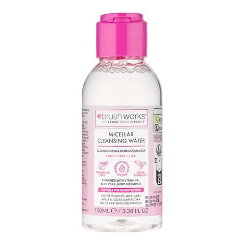 Image of Brushworks Micellar Cleansing Water 100ml – Travel Size Makeup Remover with Vitamin E, Aloe Vera & Pro Vitamin B5 for Face, Eyes & Lips, Fragrance Free & Vegan