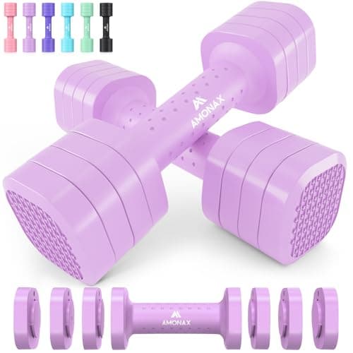 Image of Amonax Adjustable Dumbbells Set, 1kg/2kg/3kg/4kg/5kg Dumbbell Pair, 4-in-1 and 5-in-1 Weights Dumbbells Set Women Men, Free Weights for Home Gym (Light Purple, 2.3kgx 2)