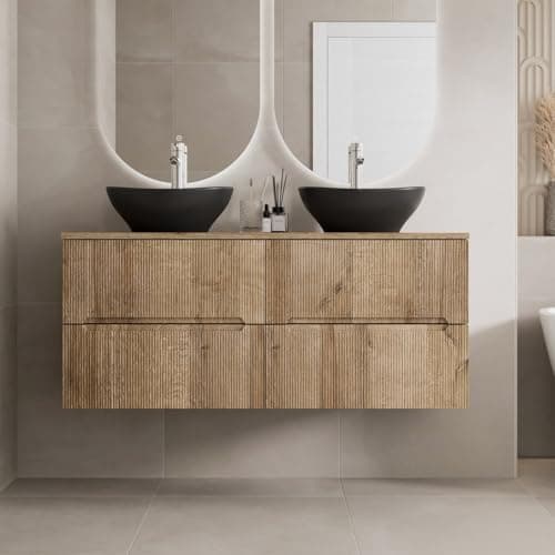 Image of Vitusso® 1200mm Fluted Bathroom Cloakroom Vanity Unit Countertop Double Oval Black Basin Sink Wall Hung Storage Furniture Soft Close, Oak