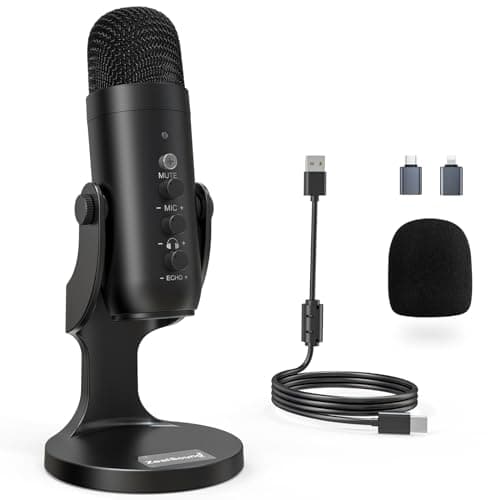 Image of zealsound USB Condenser Microphone for PC Laptop Phone, Plug & Play Desktop Microphone with Noise Reduction, Mute, Gain & Echo, Studio Podcast Mic for Gaming, Streaming, ASMR & Recording, k66 Black