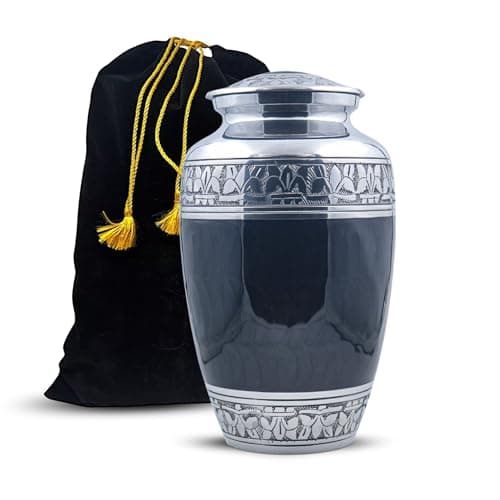 Image of Large Cremation Urn for Human Ashes Adult Male Female – Premium Aluminum Funeral Urn with Velvet Bag – Memorial Keepsake Ashes Container with Secure Lid – Decorative Burial (Pearl Black)