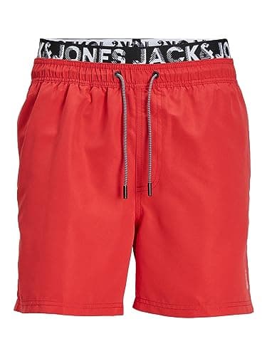 Image of JACK & JONES Mens Jpstfiji Jjswim Db Wb Ly Sn Swimming Shorts, True Red, L UK