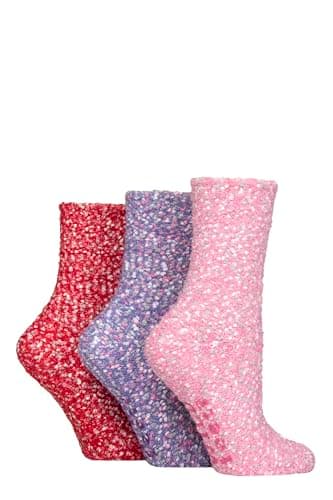 Image of SockShop Wildfeet Women’s 3 Pair Popcorn Cosy Lounge Slipper Socks – Super Soft Textured Knit, Silky Feather Feel, Warm Breathable Non Slip Grip Bed Socks,Sizes 4–8 Pink/Purple/Red
