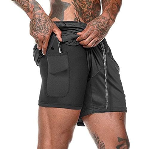 Image of EDOTON Men's Workout Running Shorts, 2-in-1 Quick Drying Breathable Lightweight Built-in Compression Liner Athletic Gym Exercise Training Jogging Short Pants with Back Zipper Pocket Black