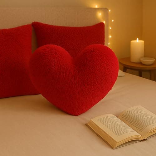 Image of Bella Nights Teddy Cuddles 3D Heart Shaped Fleece Cushion – Soft Warm & Cozy Filled Pillow – 100% Polyester Teddy Bear Fleece – Comfortable Home Decor Cushion – 38 x 38cm (Red)