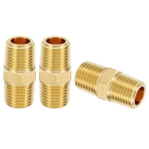 Image of PATIKIL Brass Nipple Pipe Fittings, 3Pcs 1/4" BSPT x 1/4" NPT Male Thread Hex Tubing Coupler Adapter Connector for Plumbing Water Line Connection Couplings