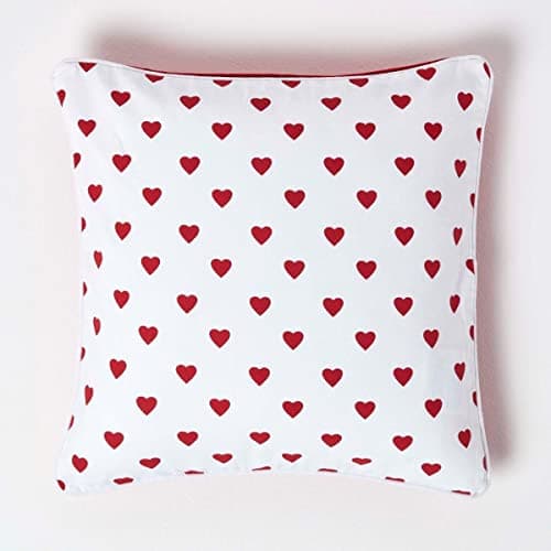 Image of HOMESCAPES - 100% Cotton - Love Hearts - Cushion Cover - 45 x 45 cm Square - 18 x 18 Inches - Red White - 100% Cotton Sofa Pillow Cushion Cover - Washable