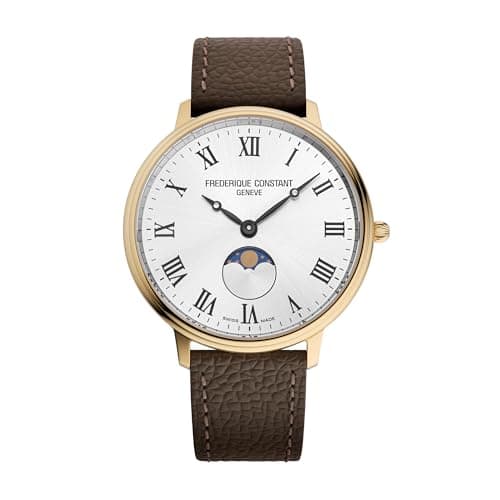 Image of Frederique Constant Classic Quartz Moonphase Gold Stainless Steel Case Watch and Brown Leather Strap, Silver Dial, Style: FC-206RS3S5