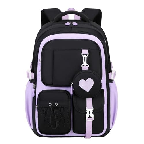 Image of Bansusu Girls Backpack for School Kids, Secondary School Bags Black Backpack for Girls Casual Daypack Bookbag, Y040-Black+Purple