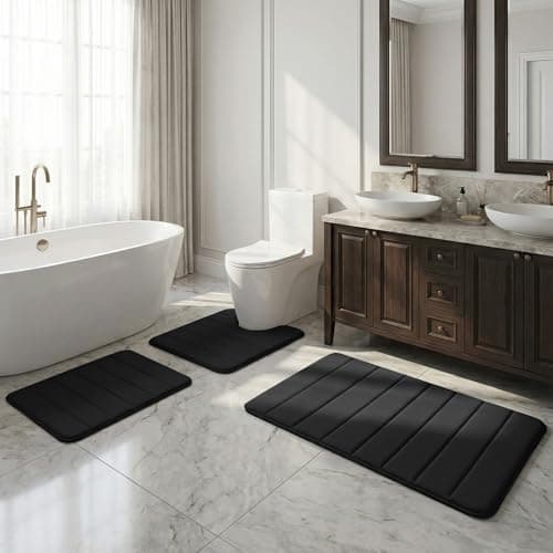Image of Xtrillogen 3 Piece Non Slip Bath Mat Set,Microfibre Plush Bathroom Mat,Includes U-Shaped Contour Toilet Rug,Anti Slip Accessories Design,Suitable for Bathroom,Bathtub and Shower Area(Black)