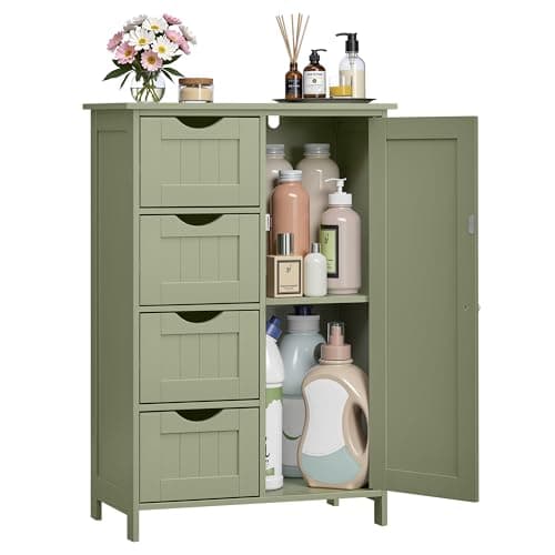 Image of VASAGLE Bathroom Floor Storage Cabinet, Bathroom Storage Unit with 4 Drawers, Bathroom Cabinet Freestanding, with 1 Door, Adjustable Shelf, 30 x 55 x 82 cm, Laurel Green LHC041C02