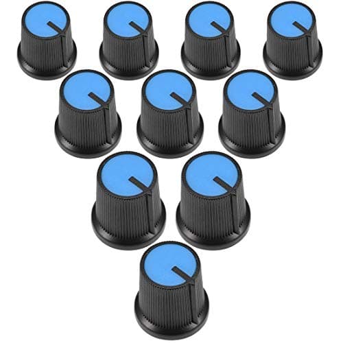 Image of sourcing map 10Pcs 15x15mm Plastic Potentiometer Volume Control Rotary Knob Knurled Shaft Hole Blue,for 6mm Diameter Shaft Guitar Volume Knob.