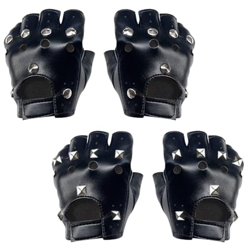 Image of KEYRI 2 Pair Punk Gloves Black Fingerless Hollow Out Stylish Gothic Dazzle Cool Faux Leather Biker Fancy Dress Costume Gloves Cosplay Performance Accessories (Black, One Size)